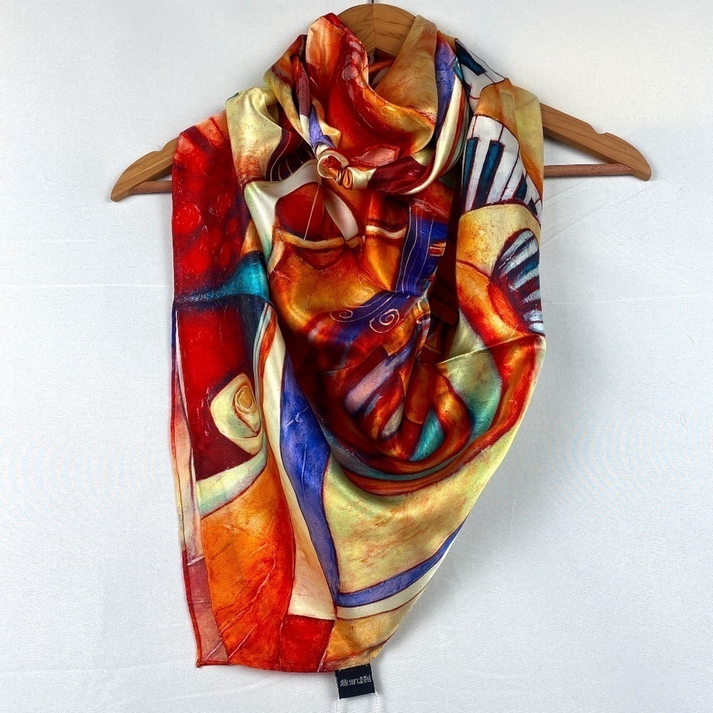 Japanese 100% Silk Scarf‎ Music themed 72" X 72" Bright NWT Loud Bohemian Boho